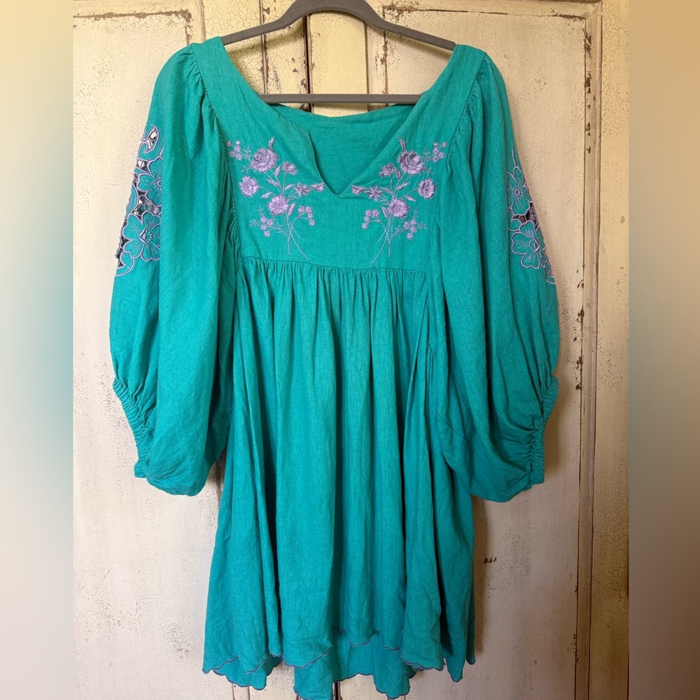 Embroidered Teal Peasant Blouse with Lavender Accents Fits small-medium
